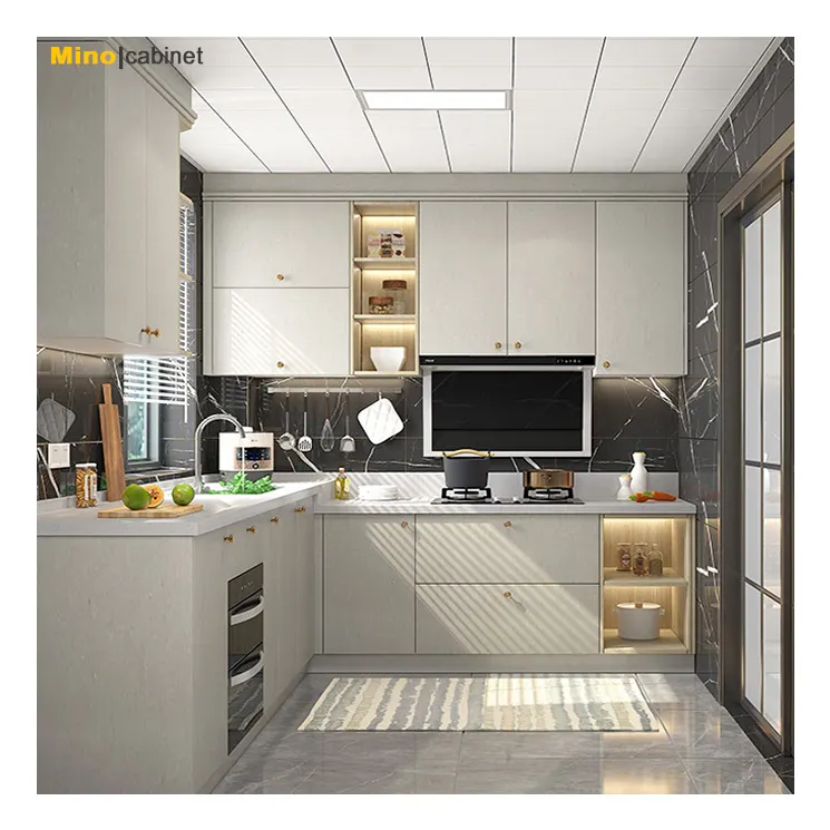 2022 Hot Sale Beige Lacquer Modern Design Modular Customized Economical Modular Cuisine Complete Kitchen Furniture Cabinets
