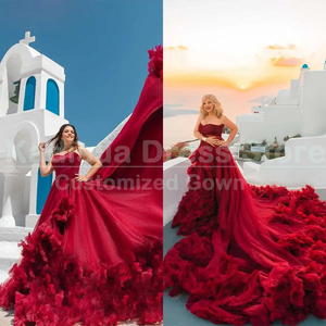 Volantes Vestidos <span class=keywords><strong>de</strong></span> novia rojos Elegante sin tirantes Plisado Tren real Playa Vestido <span class=keywords><strong>de</strong></span> novia Ocasión formal Sin mangas Vestidos largos - Product Image 2