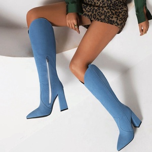 Bottes pour femmes en denim bleu uni, talon carré, hauteur genou, bout pointu, talon épais, antidérapantes, automne-hiver, taille 43 - Product Image 2