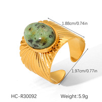 Bague ouverte en acier inoxydable plaqué or avec pierre naturelle, design chic français unique, à porter tous les jours
