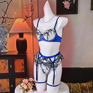Ensemble de lingerie sexy en dentelle bleue à 4 pièces avec broderie florale, maille transparente, soutien-gorge push-up à armatures et porte-jarretelles pour femme - Product Image 5