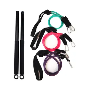 Pilates Bar Kit for Portable Gym Workout 2 Latex Resistance Band 3-Section Sticks Strength Weights Equipment for Body Fitness