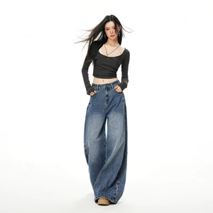 Nuovi <span class=keywords><strong>Jeans</strong></span> da <span class=keywords><strong>Donna</strong></span> Autunno/Inverno, Impermeabili, Plissettati, a <span class=keywords><strong>Vita</strong></span> <span class=keywords><strong>Alta</strong></span>, Skinny, a Gamba Larga, Stile Vintage, Blu Scuro, Lunghezza Maxi - Product Image 3
