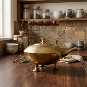 Vintage Brass Tea Pot With Wooden Handle And Engraved Floral Design Water Pots & <b>Kettles</b> - Product Image 6
