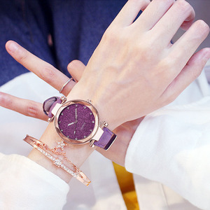 IStapromo Gifts Watch Silver Powder Rhinestone Face Women's Watch Frosted Leather Strap Women's Trendy Two-piece Set Watch - Product Image 1