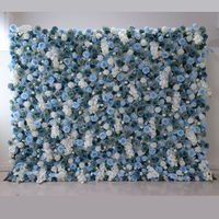 EG-M073 Mur de fleurs artificielles en tissu enroulable 4D 5D 8ft x 8ft, roses bleues pour décoration de toile de fond de baby shower et de mariage