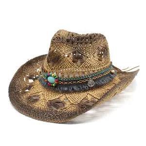 2023 grosir putih dekorasi Barat topi koboi jerami burung sombrero vaquero untuk wanita anak perempuan dibuat di Meksiko pesta sapi anak laki-laki
