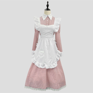 Maid Dress Blue A-Line Turn-Down Collar With Pocket Vintage Style Polyester Fabric - Product Image 4