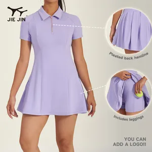 JIEJIN Designer Damen lila Kurzarm halbe Reißverschluss Polo Stehkragen Golf Tenniskleid mit Shorts 2024