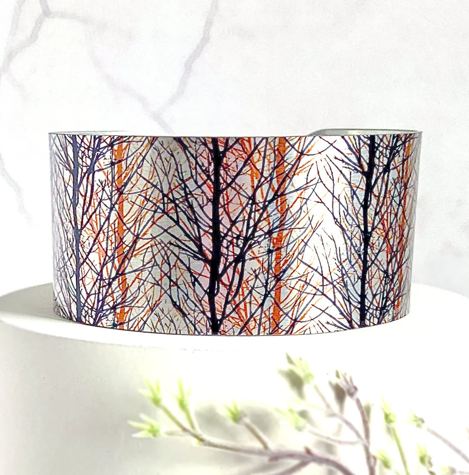 Tree cuff bracelet, wide metal nature bangle with trees, Personalised gifts