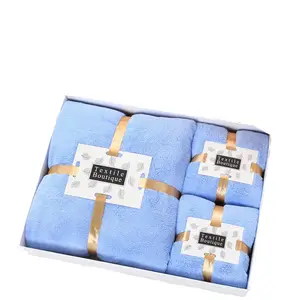 Wholesale Luxury 3-in-1 Bath Towel Set Coral Fleece Woven Towels in Beige Pink Blue Purple Green 3-Set Gift Set
