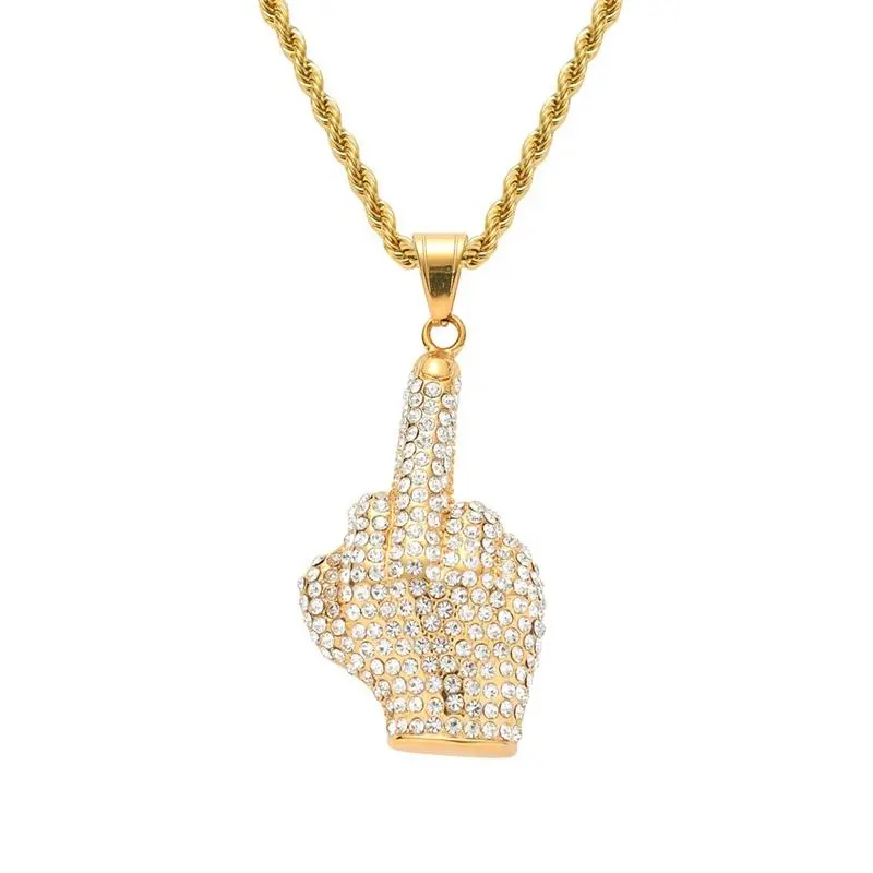 Rantai Tali Emas dengan Berlian Imitasi dan Kalung Liontin Jari Tengah Berdiri Baja Tahan Karat Hip Hop