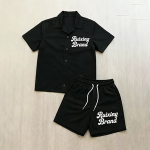Ensemble de <span class=keywords><strong>jogging</strong></span> unisexe personnalisé en deux pièces, décontracté et confortable, style <span class=keywords><strong>streetwear</strong></span>, 100 % coton, chemise boutonnée et short, survêtement pour <span class=keywords><strong>homme</strong></span> - Product Image 3