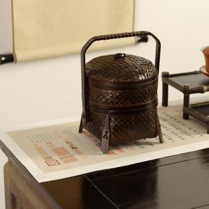 Handmade Rattan Woven Basket Round Double Layer Food <b>Container</b> With Handle Standing Type Home Use - Product Image 2