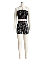 Ensemble d'été sexy en dentelle deux pièces pour femmes-Top court transparent en maille sans bretelles-Ensemble short deux pièces pour femmes