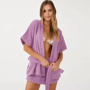 Fashion women new design toweling terry Loungewear Short Sleeve Set Pajamas robe Top and Shorts Pyjamas for lady