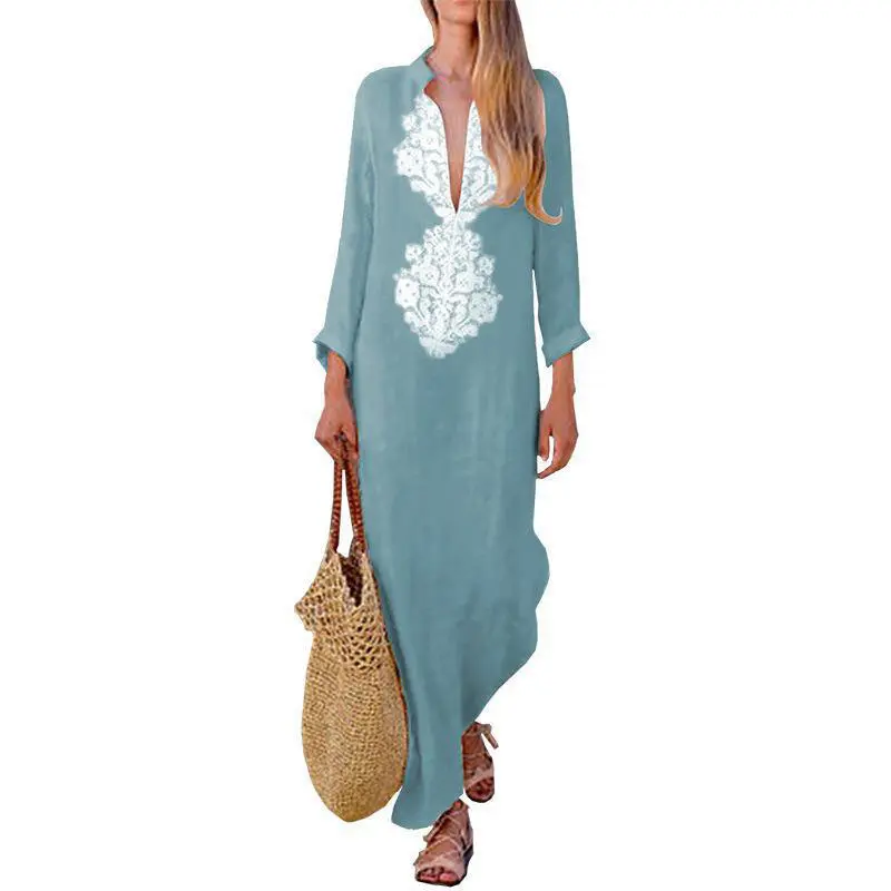 71828 Summer Boho Ladies Long Sleeve Cotton Linen Dress Symmetrical Pattern Decor Deep V Neck Maxi Dress Women Side Slit Dress