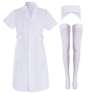 Women's <strong>Nurse</strong> 3pcs Set with White Short Sleeve Lab Coat &amp; Scrubs Woven Fabric White Dress <strong>Outfit</strong> - Product Image 1