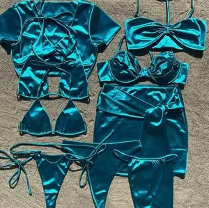 Swimsuit Manufacturer Satin Bikini Solid Shiny Bathingsuit Halter Bikinis & Beachwear Sexy Girl Swimsuit
