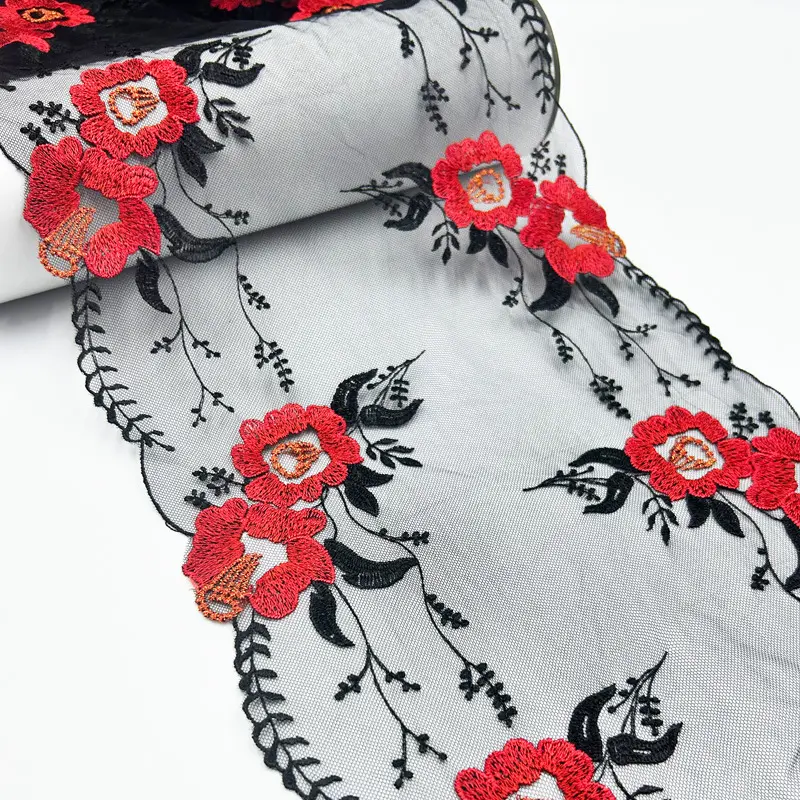 Spot en gros 24cm Tulle broderie dentelle garniture fleur rouge maille dentelle pour Lingerie sous-vêtements robe