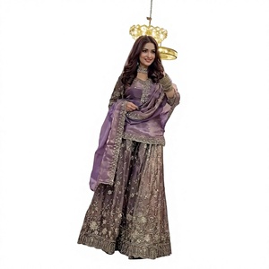Traditional Indian Pakistani Women's Purple <b>Silk</b> <b>Kurta</b> Set With Floral Embroidery Floor-Length Wedding Wear Regular Fit - Product Image 1