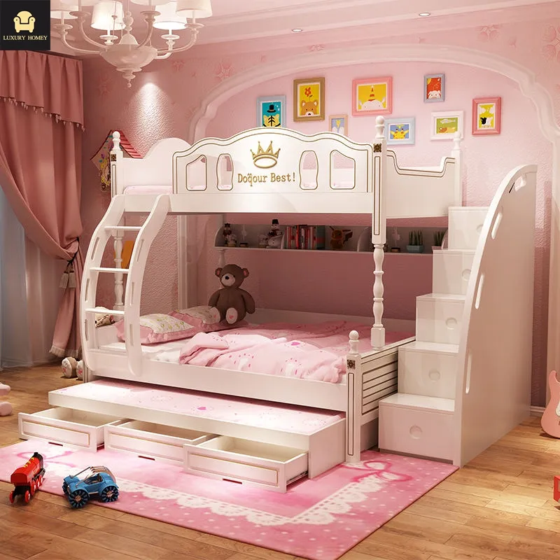 Mobiliário de quarto infantil de camas brancas de madeira mdf moderno com armazenamento e escadas