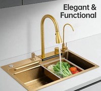 Évier de cuisine professionnel en acier inoxydable 304 doré avec planche à découper en bois, passoire et double robinet – Fournisseur OEM/ODM B2B