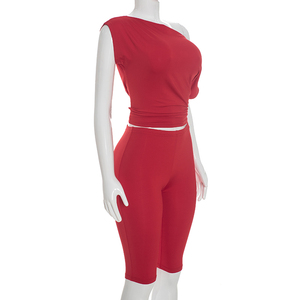 Viviblook D26ST276 Ensemble Automne Femme Nouveaux Tenues Couleur Unie Haut Court à Épaules Dénudées Manches Courtes et Pantalon Cropped Deux Pièces - Product Image 3