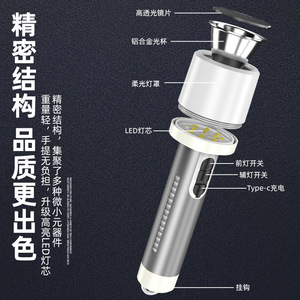 ไฟฉาย LED แบบชาร์จได้ ทำจากอลูมิเนียมอัลลอยด์ พกพาสะดวกสำหรับตั้งแคมป์กลางแจ้ง พร้อมพอร์ตชาร์จ Type-C และตะขอเกี่ยว - Product Image 1