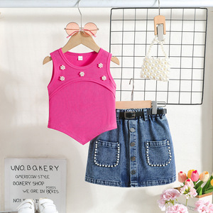 แฟชั่นเด็ก เสื้อผ้าเด็ก เสื้อกั๊กประดับลูกปัดลายดอกไม้สำหรับเด็กผู้หญิงช่วงฤดูร้อน และชุดกระโปรงยีนส์ประดับลูกปัด ชุดเสื้อผ้าเด็กผู้หญิง 2-8 ปี - Product Image 1