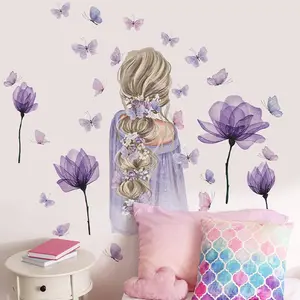 Purple flower butterfly long hair girl wall stickers children's bedroom living room decoration wallpaper self-adhesive stickers