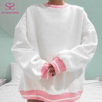 Sweat-shirt à col rond pour femme en molleton 100% coton de haute qualité, avec ourlet et poignets rayés roses, coupe ample, style décontracté