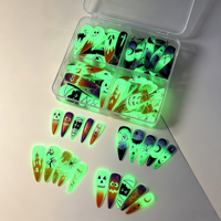 Lot de 4 faux ongles autocollants Halloween phosphorescents, imprimés en 3D, longs stilettos, motifs citrouille, fantôme, chauve-souris, pour fête