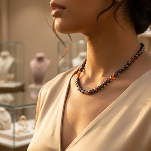 Women's Black Freshwater Pearl <b>Necklace</b> with Garnet Beads SKU ABDN-20441 - Product Image 2