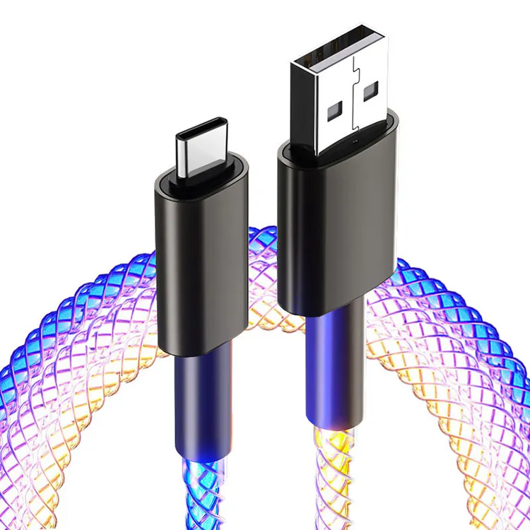 66W RGB Glowing Charging Cable Led Flowing Data Sync Cord 6A Fast Charging Type C USB Cable