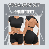 Ensemble de sport respirant pour femme, ensemble de yoga uni, crop top avec logo frontal, short de sport, soutien-gorge, tissu extensible quadridirectionnel