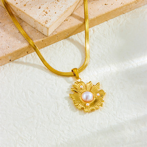 Freshwater Pearl Sunflower Gold Plated Blade Chain Stainless Steel Pendant Irregular Personalized Necklace Gift - Product Image 2