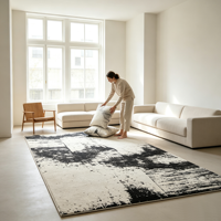 Tapis géométrique noir et blanc, design abstrait, tapis jacquard, revêtement de sol moderne pour la maison et l'hôtel