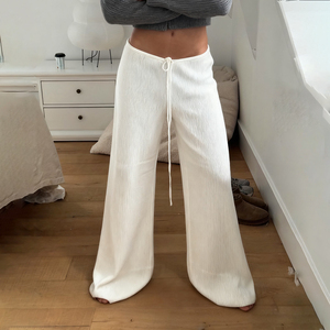 Pantalones Anchos de Lona con Corte Drapeado - Tela Acanalada Transpirable y Cómoda con Cintura Ajustable con Cordón para la Temporada de Primavera - Product Image 3