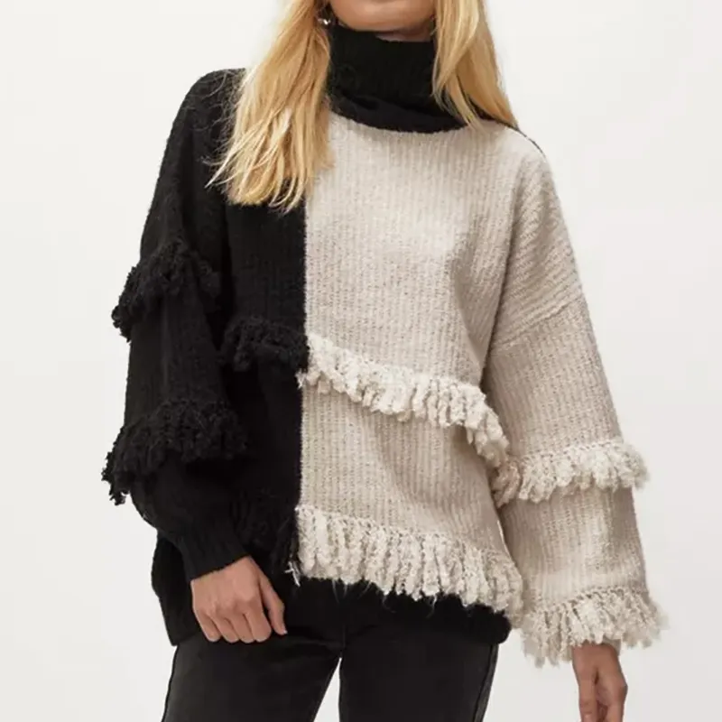 Prezzo all'ingrosso Pullover OEM Custom Design maglione dolcevita manica lunga lavorato a maglia nappa maglione Pullover donna