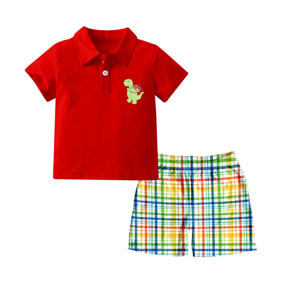 Neueste Design Großhandel Vorbestellung Kinder Plaid rot setzt Jungen Dinosaurier Outfits zurück zu Schul bekleidung