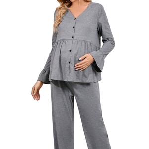 Haut péplum et <span class=keywords><strong>pantalon</strong></span> de pyjama boutonné à l'avant de maternité vêtements de nuit à taille réglable ensemble de vêtements de maternité pour femmes enceintes - Product Image 1
