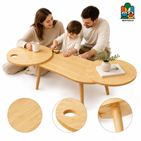 Mesa de Centro Ovalada Expandible Giratoria con Dos Superficies Laterales Redondas Giratorias de Bambú, Madera Natural, Estilo Moderno para Sala de Estar