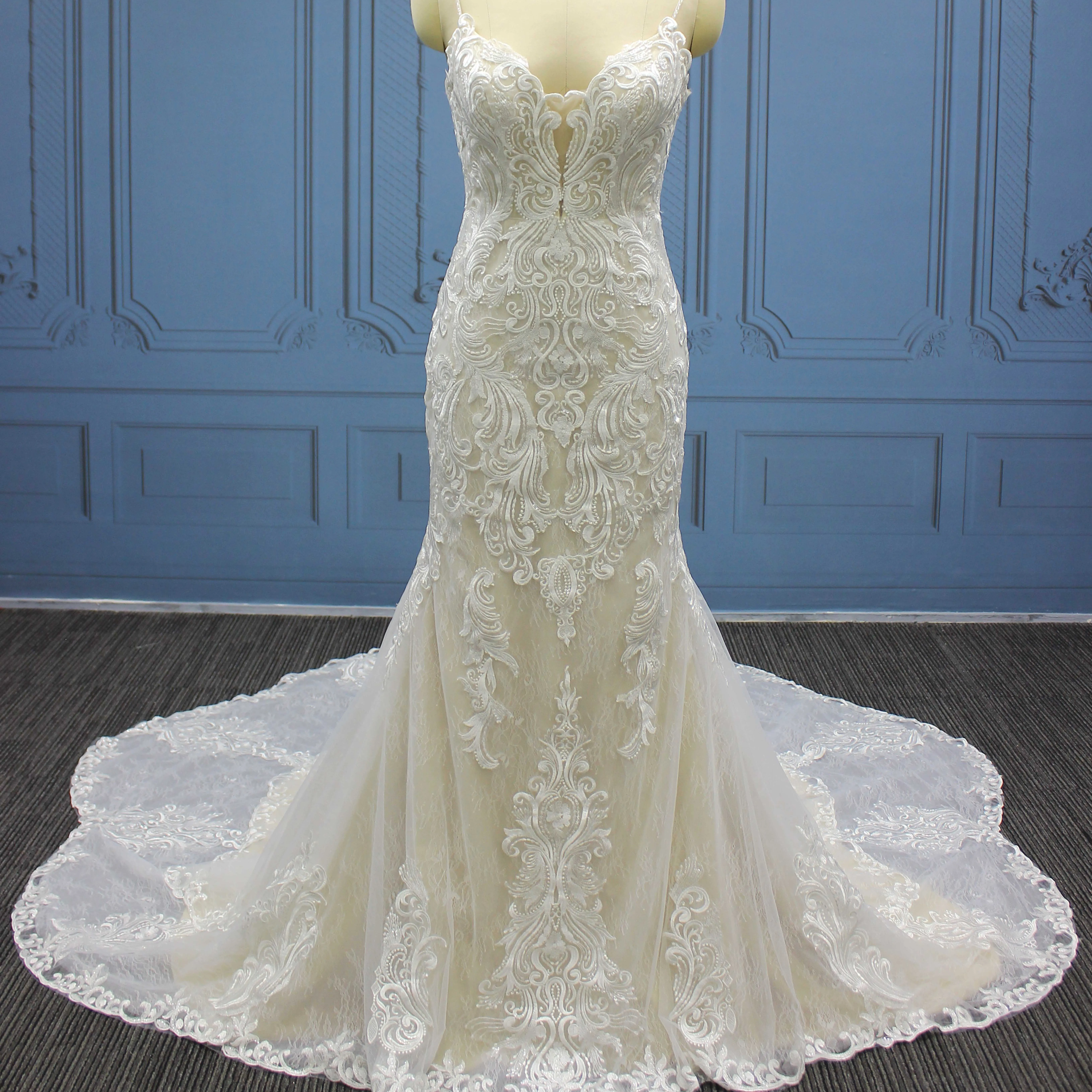 WT4355 Wholesale Mermaid Wedding Dress V Neck With Beaded Straps Flower Train Bridal For 2023