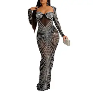 Luxury Diamond Padded Maxi Dress Sexy Mesh Rhinestone Party Evening Dress