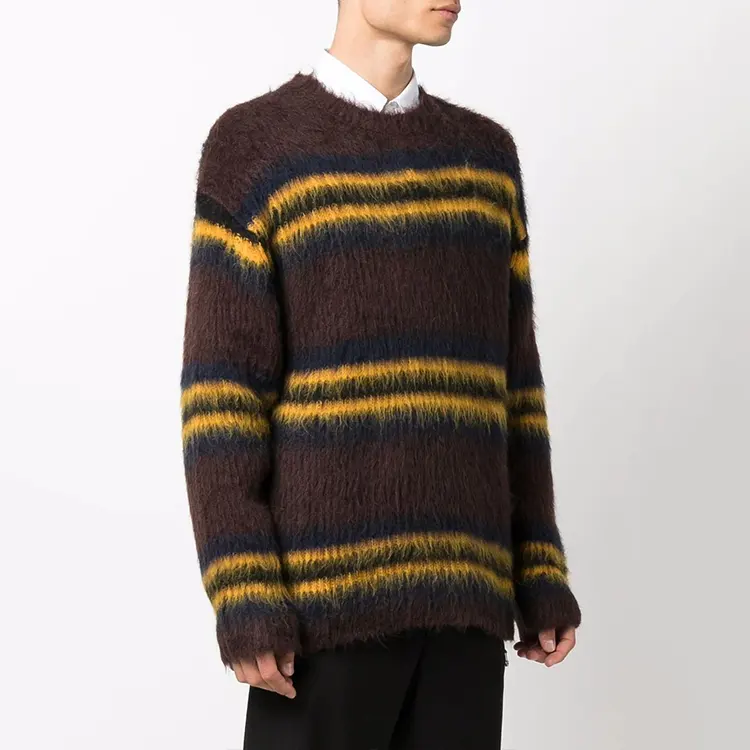 Wholesale custom winter luxury man crew neck long sleeve knit jumper sweater men's striped mohair knitted pullover sweater