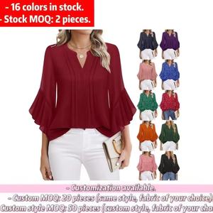 Elegante camicetta in Chiffon con scollo a V per donna con Design frontale a pieghe, molteplici colori stampati in tinta unita disponibili perfetti da indossare ogni giorno - Product Image 3