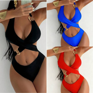 Maillot de bain <span class=keywords><strong>bikini</strong></span> personnalisé à faible MOQ, couleur unie, découpes, <span class=keywords><strong>bikini</strong></span> sexy taille haute, maillot de bain une pièce - Product Image 2