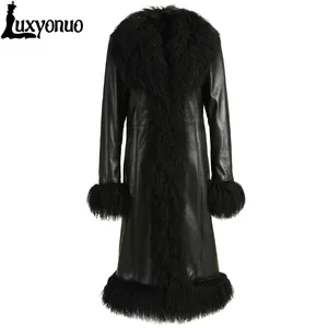 유럽 뜨거운 판매 여성 진짜 가죽 코트 도매 패션 긴 스타일 몽골 양 모피와 정품 양 가죽 자켓