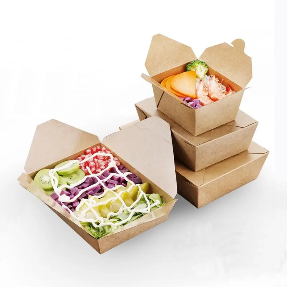 Nhà hàng sử dụng giấy kraft lấy đi hộp để đi thực phẩm cấp container thực phẩm dùng một lần Takeaway ăn trưa đóng gói Hộp
